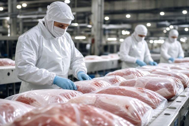 Brasil amplia acesso ao mercado chinês para miúdos e coprodutos suínos Unidade de processamento de carne suína prepara produtos para exportação ao mercado internacional